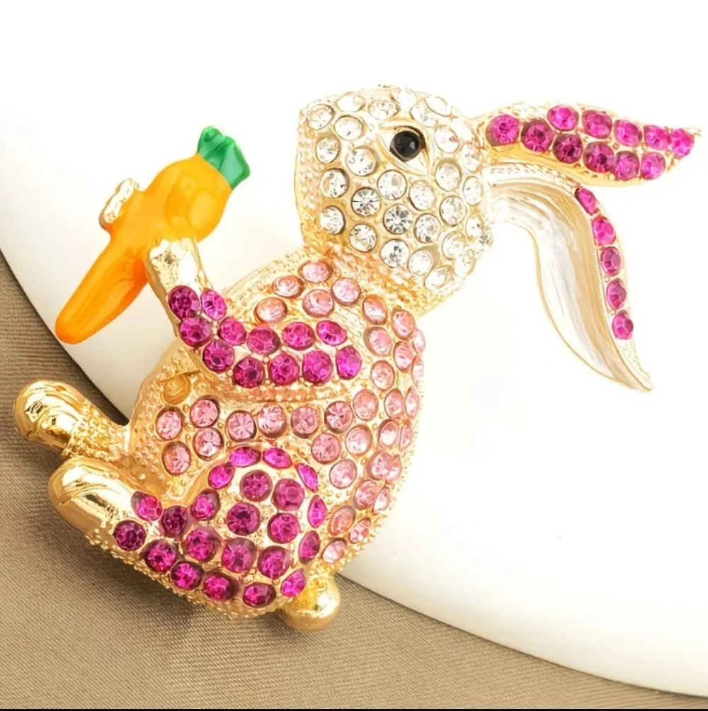 New! Bunny Brooch – Gold Tone with Colorful Faux Stones
